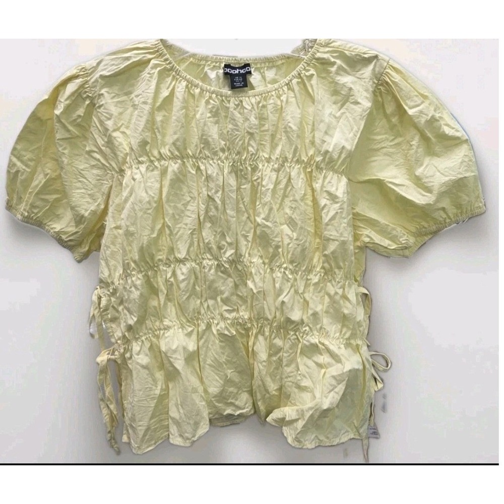 Boohoo Yellow Ruched Smocked Puff Sleeve Blouse Top Size US 12